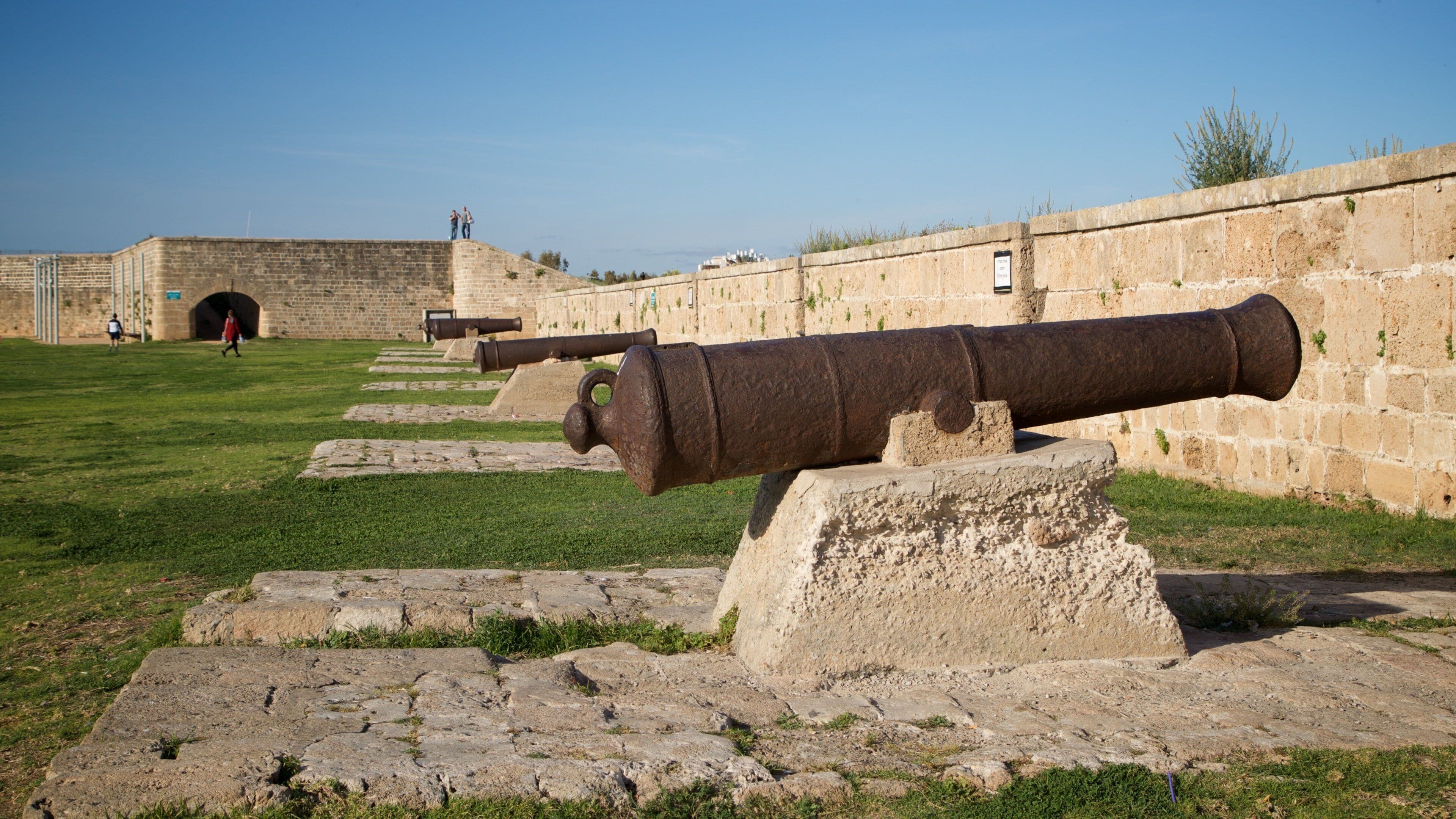 Eine Kanone in einem grasbewachsen Feld, im Hintergrund eine Steinmauer und ein Tunnel.