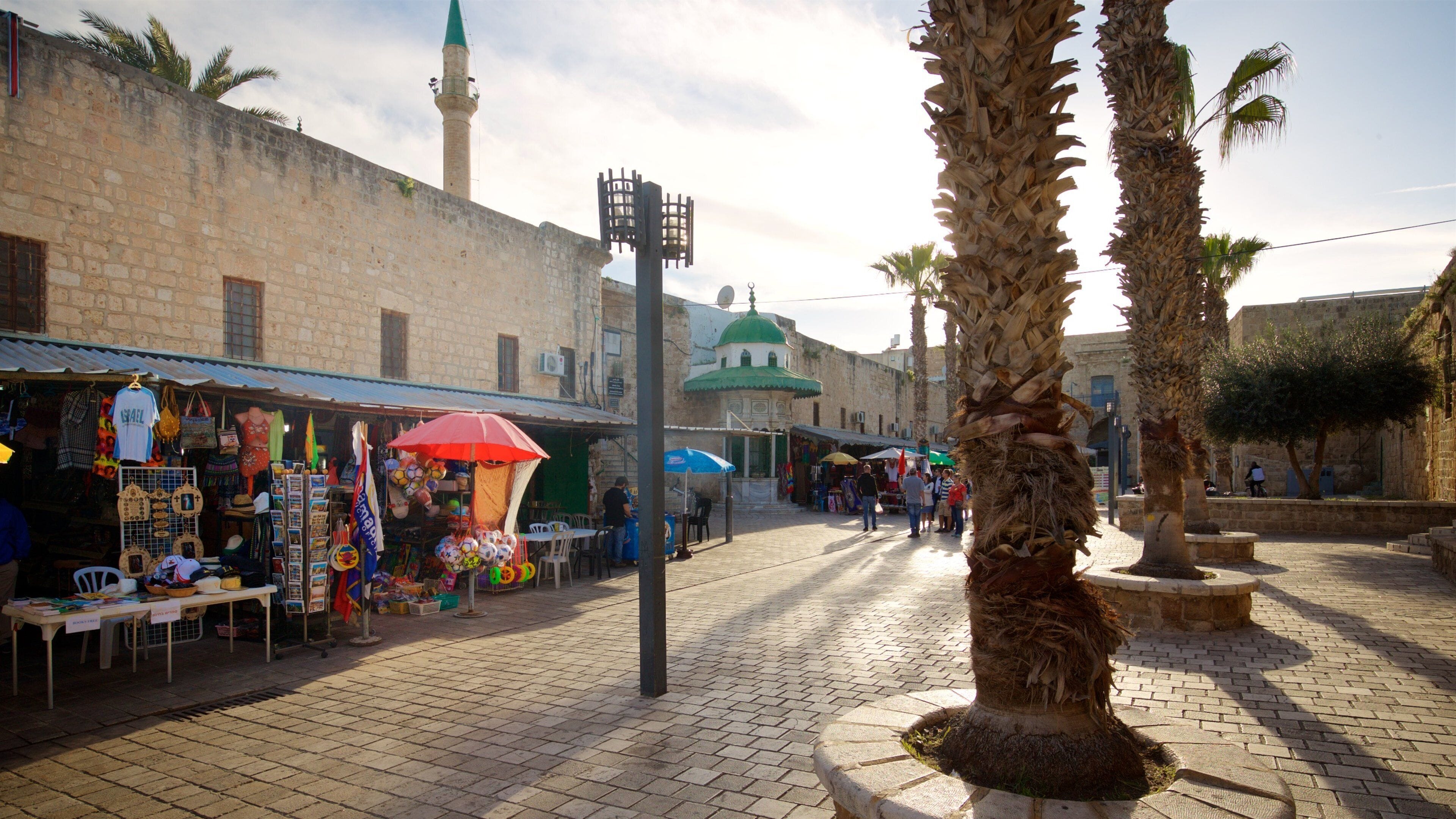 Eine Straße mit Geschäften, Palmen und einer Moschee mit einer grünen Kuppel.