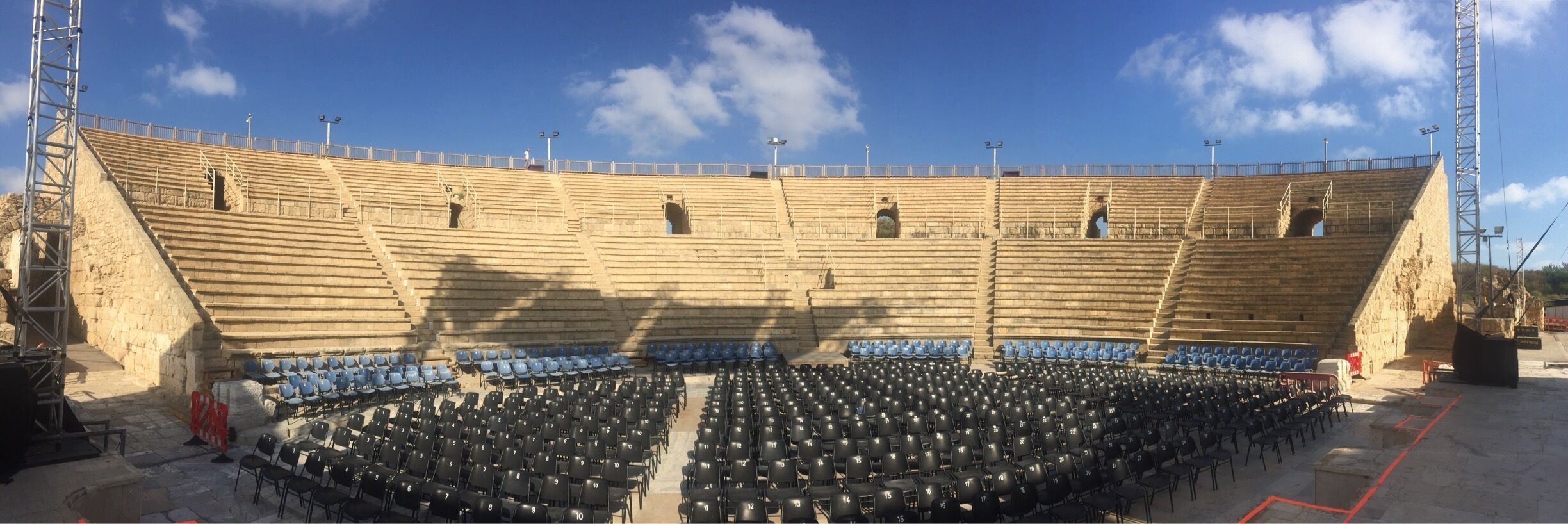 This amphitheater is still used for concerts. They were setting up for an event.