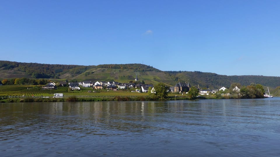 A riverside town with houses, vineyards, and a church on a hillside.
