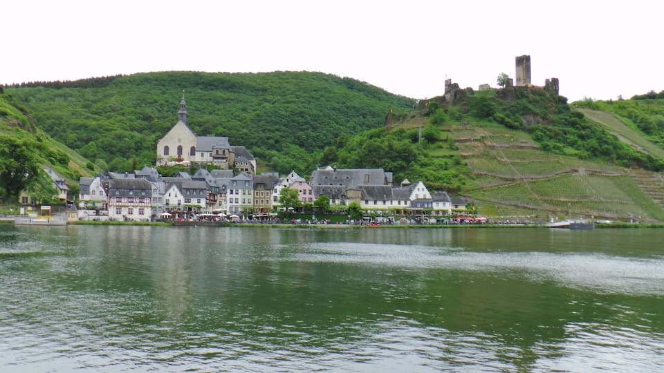 A riverside town with historic buildings and a castle on a hill.