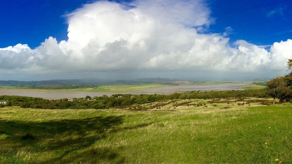 A river valley with a bridge, rolling hills, and scattered trees.