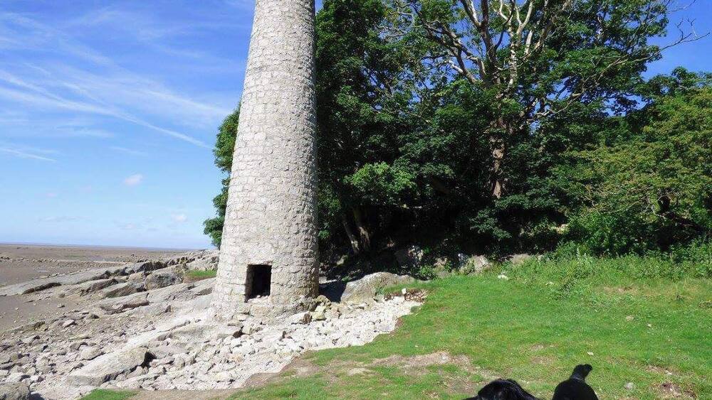 A stone tower with a small opening, surrounded by grass and trees.