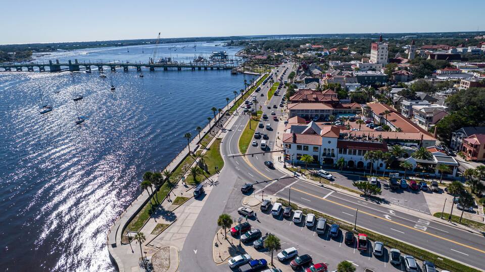 Beautiful aerial view of the St Augustine, the oldest town in USA. the castle of San Marcos National Monument, Flagler College and the Matanzas Bay