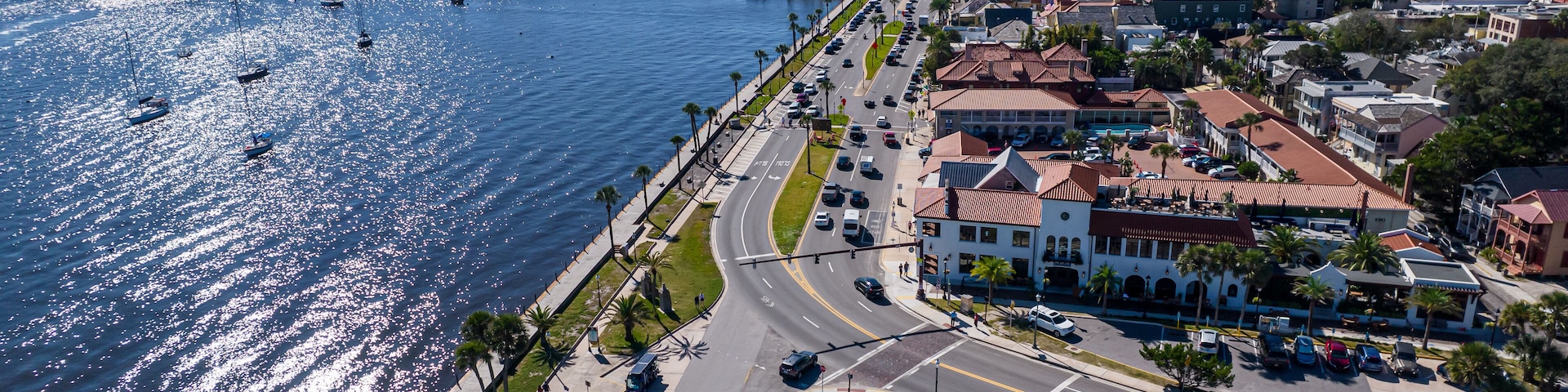 Beautiful aerial view of the St Augustine, the oldest town in USA. the castle of San Marcos National Monument, Flagler College and the Matanzas Bay