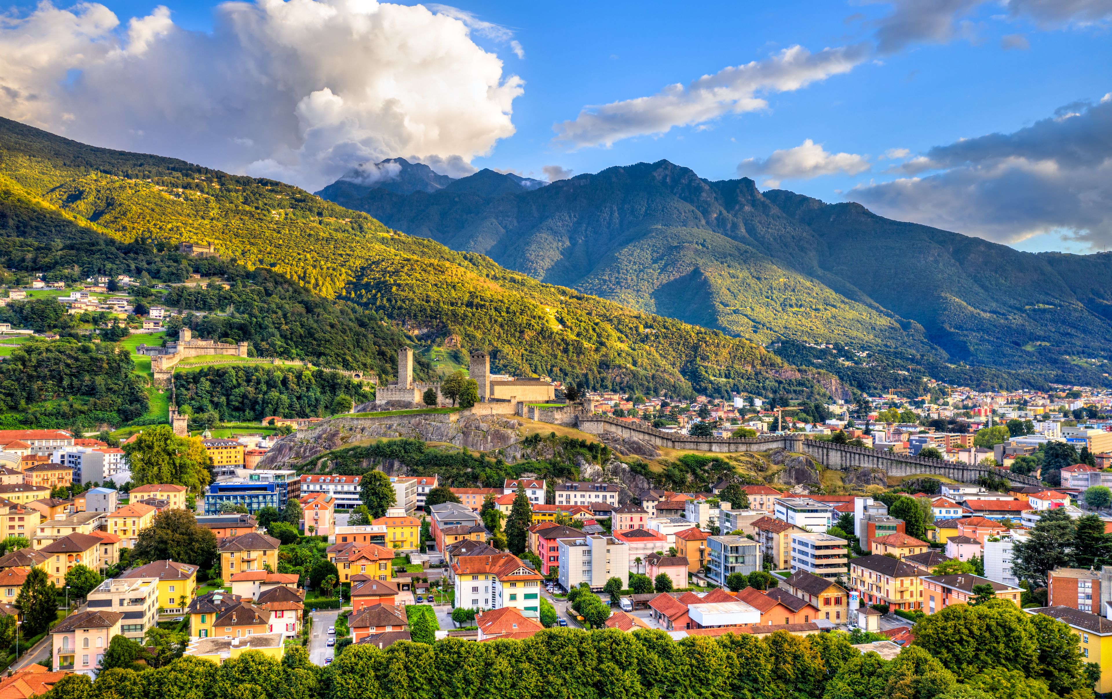 View of Bellinzona with the three castles. UNESCO world heritage in Ticino, Switzerland
