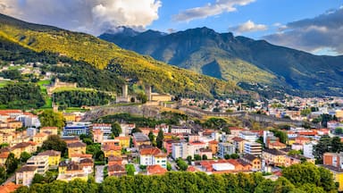 Eine Stadt liegt eingebettet in einem Tal, mit Bergen im Hintergrund, einem Schloss und einer Mischung aus Wohn- und Geschäftsgebäuden.