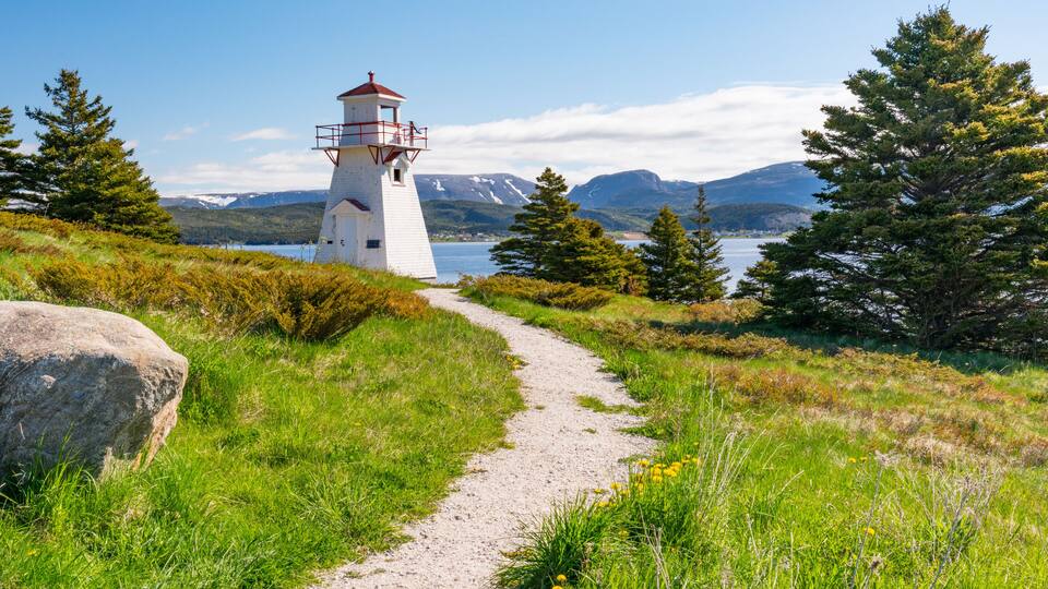 A white lighthouse with a red roof, a gravel path, and surrounding greenery.