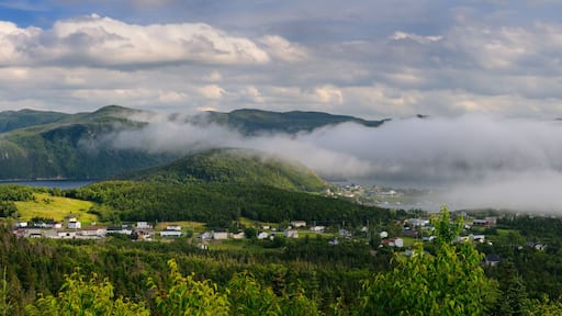 Panorama of low misty cloud a over Bonne Bay at Norris Point Newfoundland in the evening