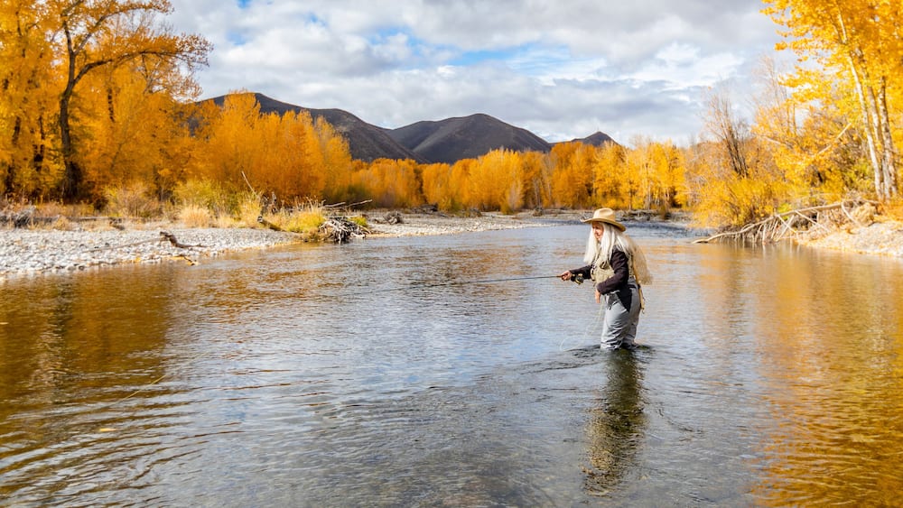 USA, Idaho, Bellevue, Senior woman fly-fishing in Big Wood River in autumn