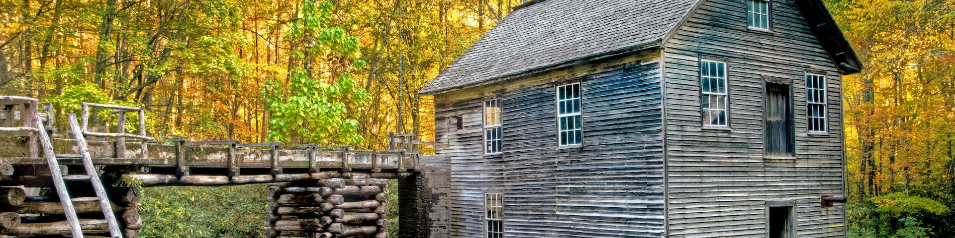 A rustic log cabin with a wooden bridge and a wooden staircase leading to the entrance.