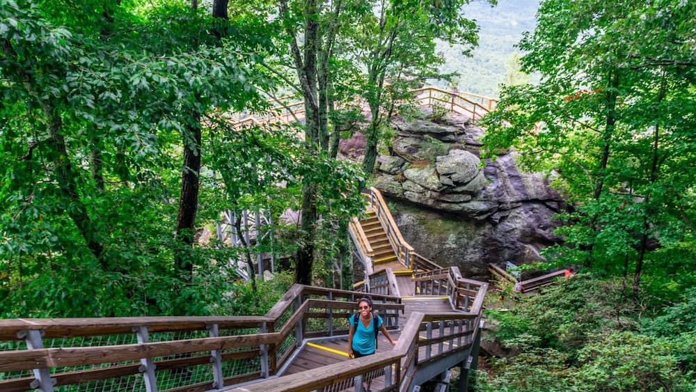 Eine Holzbrücke in bewaldeter Landschaft mit einem Felsvorsprung im Hintergrund.