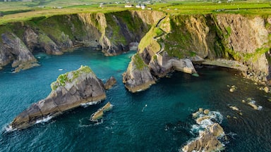 Dunquin or Dun Chaoin pier, Ireland's Sheep Highway. Aerial view of narrow pathway winding down to the pier, ocean coastline, cliffs. Popular location on Slea Head Drive and Wild Atlantic Way.