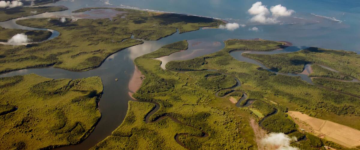 An aerial view of a coastal landscape with winding rivers, green vegetation, and a large body of water.