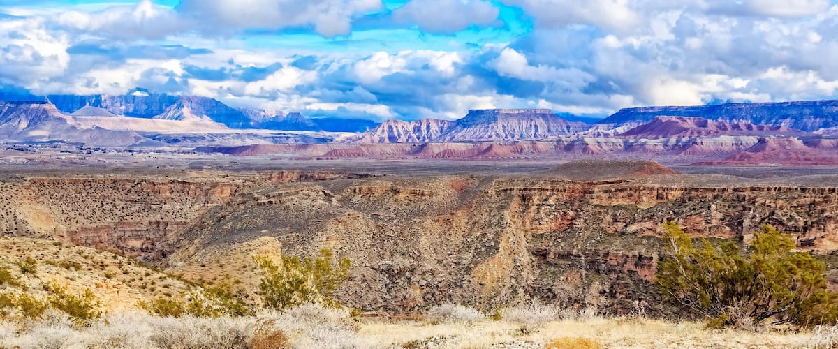 A vast canyon with layered rock formations and sparse vegetation.