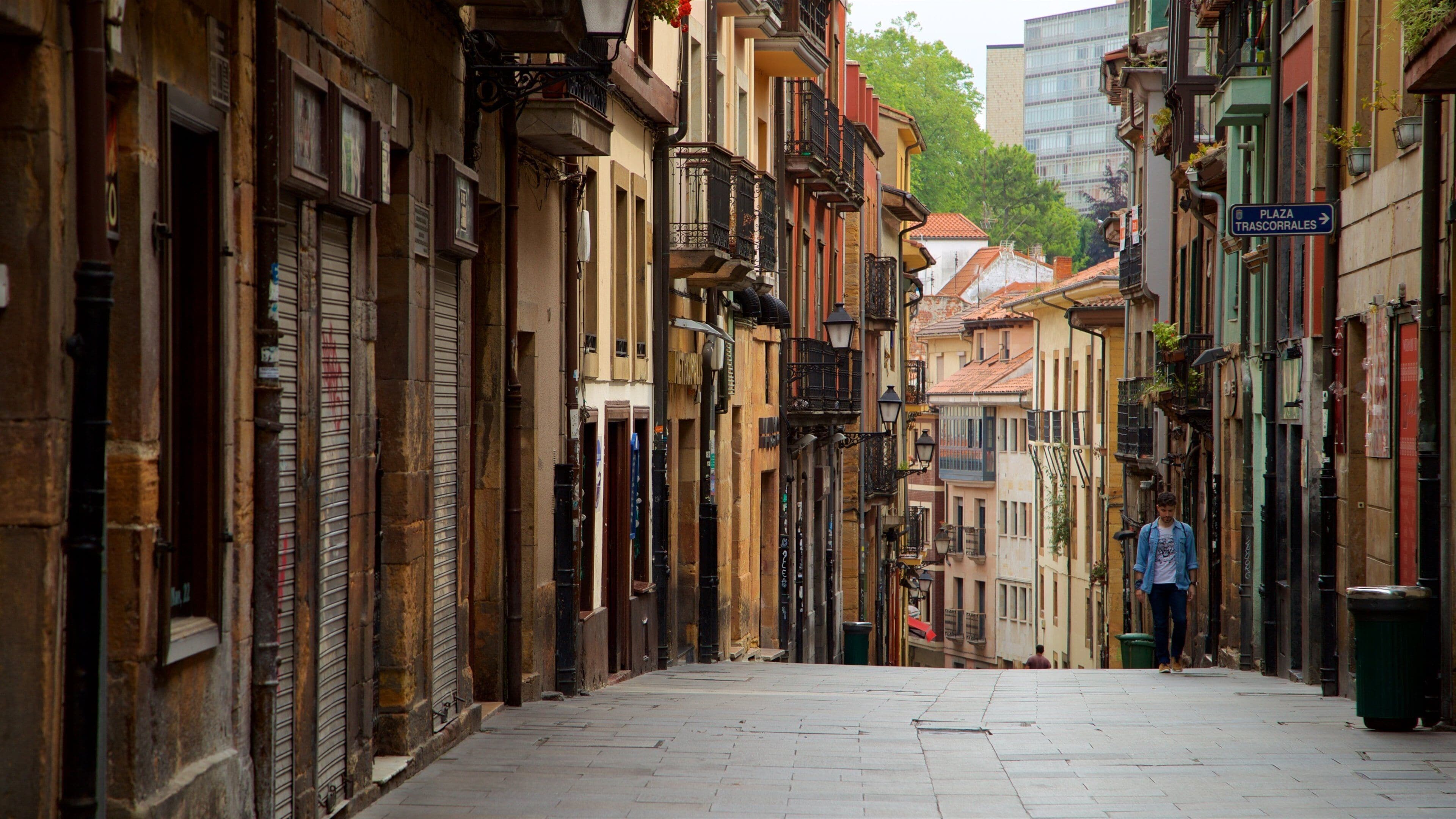 A narrow street lined with colorful buildings, a sign pointing to Plaza Trascorrales, and a person walking down the street.