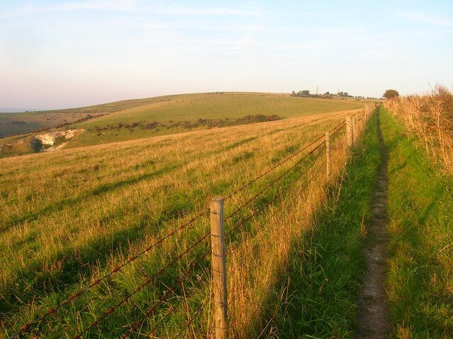 A rural landscape with a dirt path, grassy fields, and a fence.
