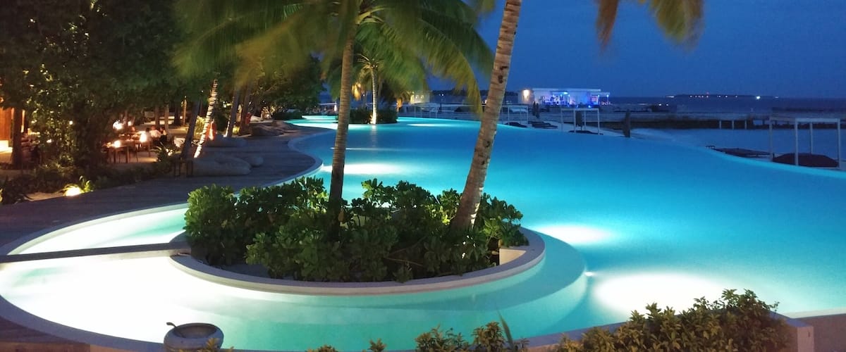A nighttime resort pool surrounded by palm trees and a beach.