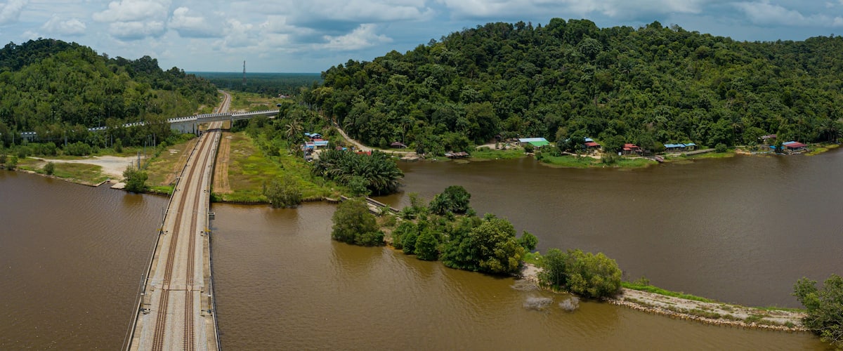 A river with a bridge, surrounded by dense forest and small houses.