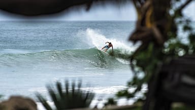 A surfer riding a wave in the ocean.