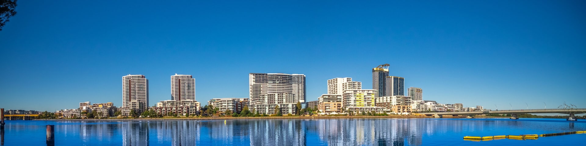 Panorama view of residential apartments on Parramatta River Rhodes Sydney NSW Australia