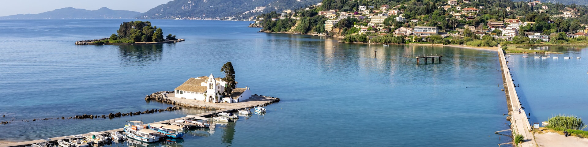 Vlacherna monastery and Mouse Island at Mediterranean sea panorama from above on Corfu island in Greece