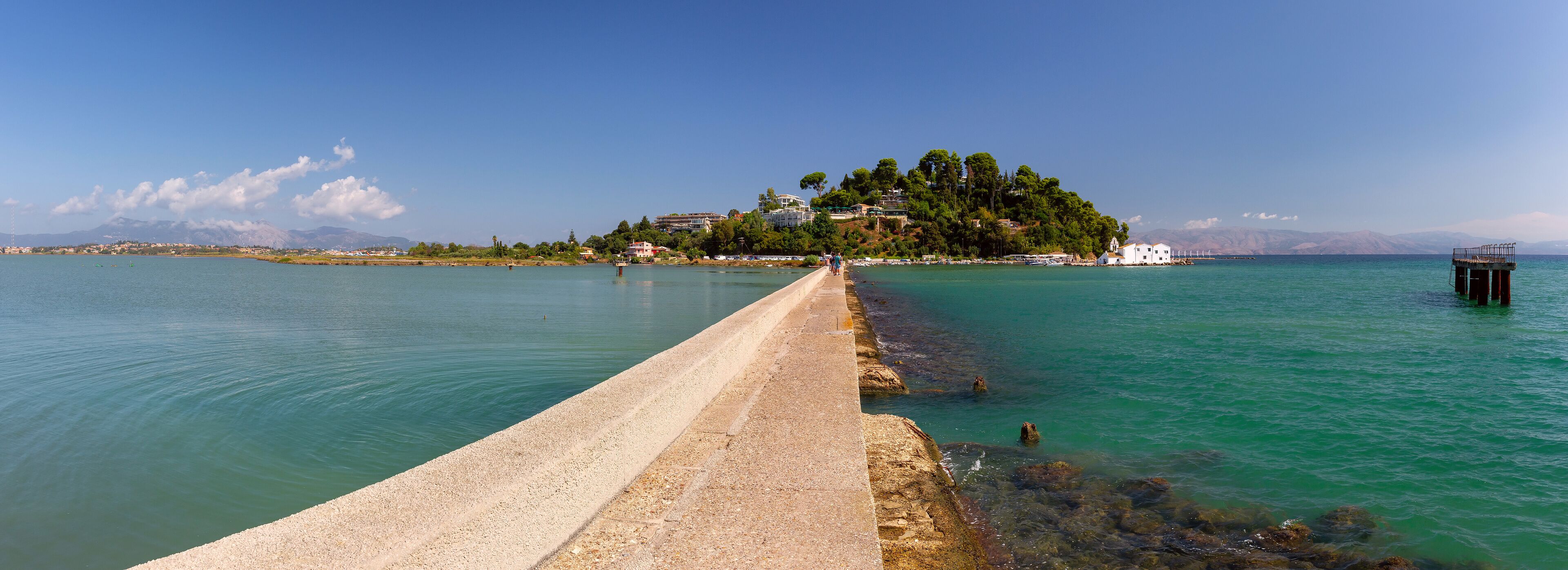 Panoramic View of Holy Monastery of Panagia Vlacherna on Kanoni Peninsula, Corfu, Greece