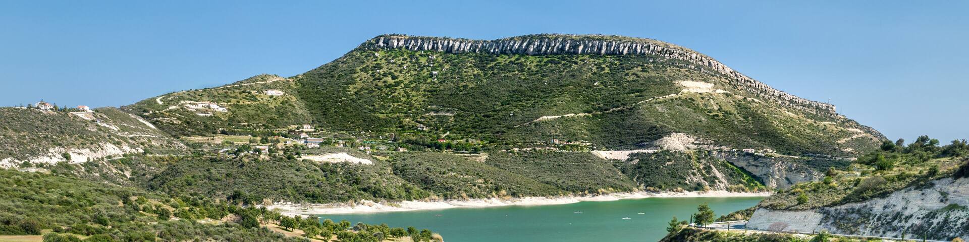 Aerial view of Korifi peak and Germasogeia water reservoir near Limassol, Cyprus