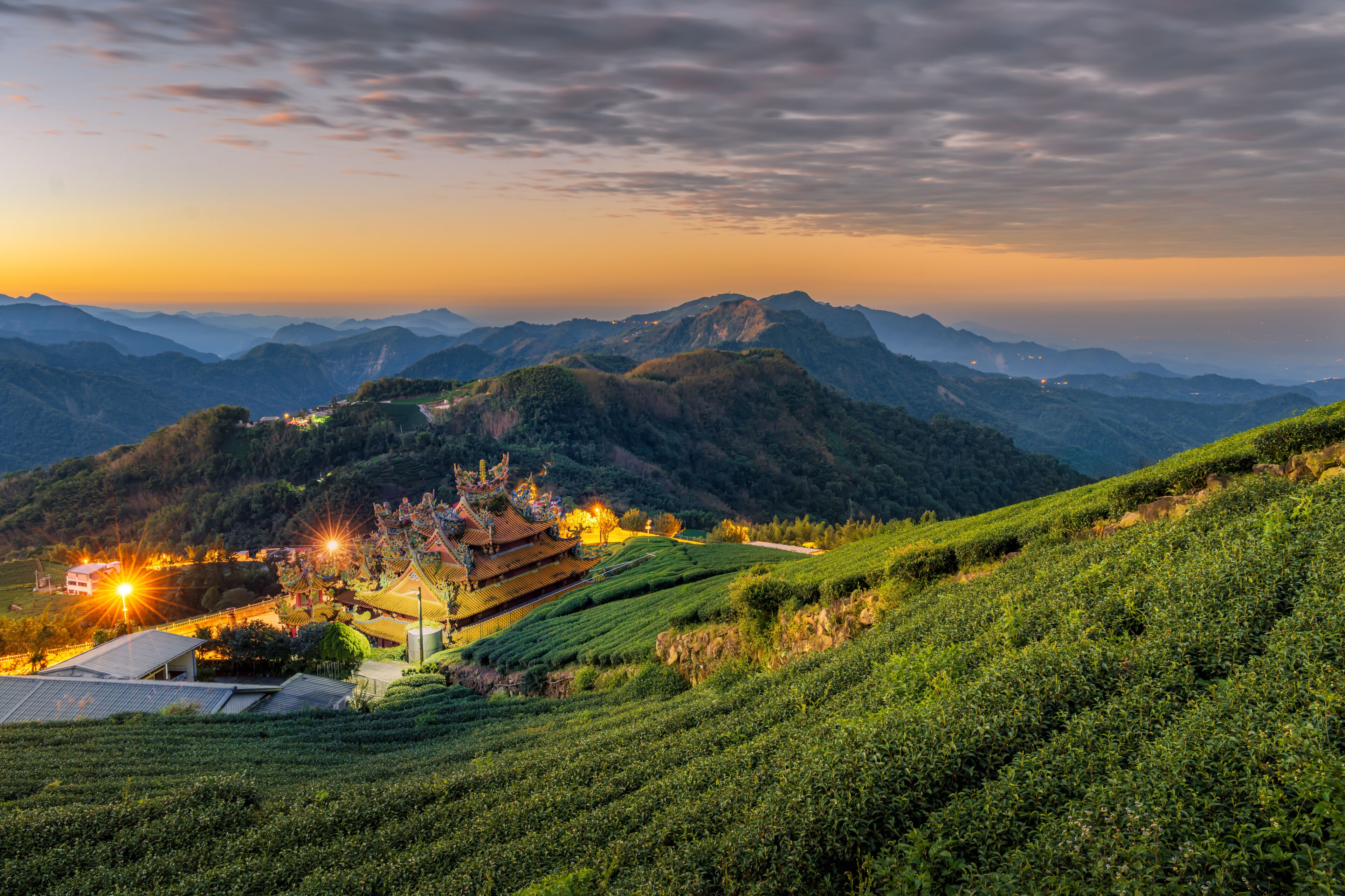 Shibao WufengTemple and Green Tea Plantation at Sunset in Zhuqi Township, Chiayi County, Taiwan
