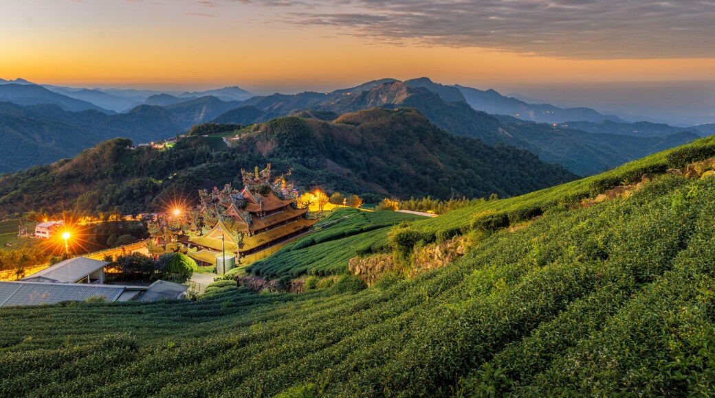 Shibao WufengTemple and Green Tea Plantation at Sunset in Zhuqi Township, Chiayi County, Taiwan
