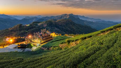 Shibao WufengTemple and Green Tea Plantation at Sunset in Zhuqi Township, Chiayi County, Taiwan