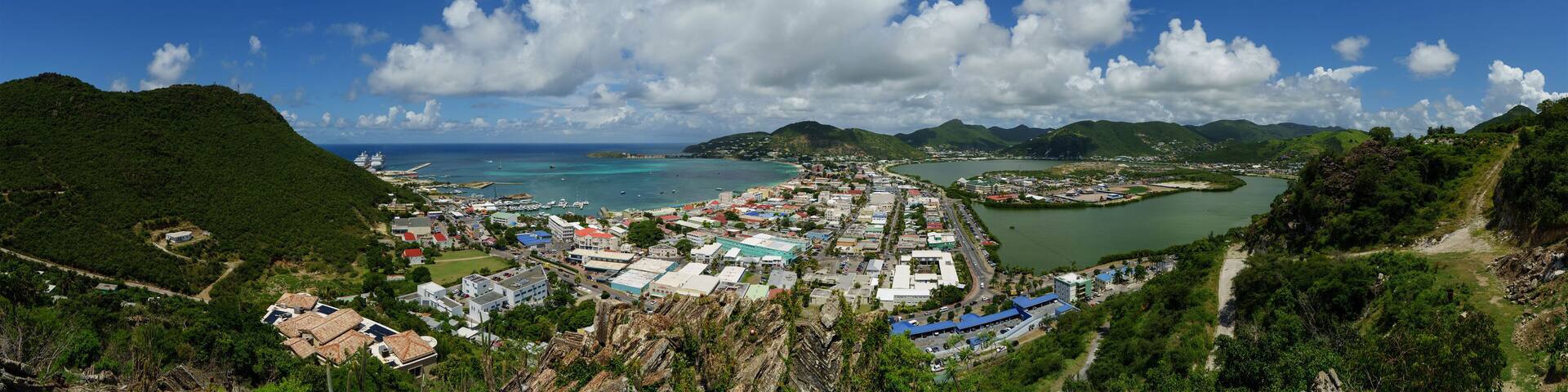 Panoramic view of the port of Phillipsburg Sint Maarten from a bird's eye view.
