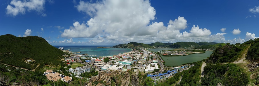 Panoramic view of the port of Phillipsburg Sint Maarten from a bird's eye view.