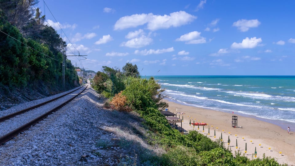 A coastal railway track, beach, and ocean.