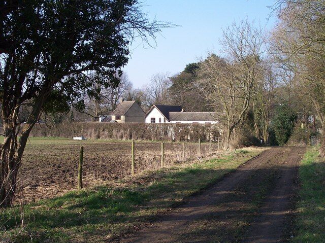 A rural road leading to a farmhouse surrounded by fields and trees.