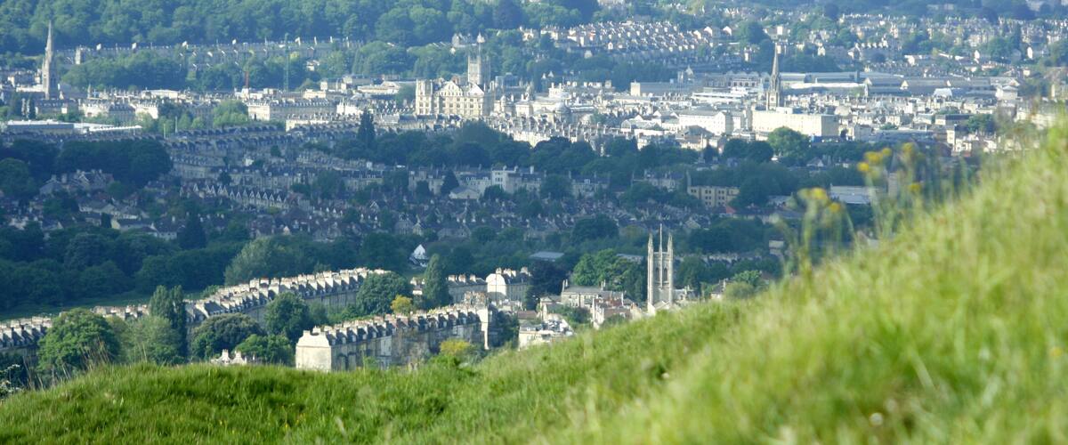 Little Solsbury Hill Fort Looking down on Larkhall with the centre of Bath in the background.