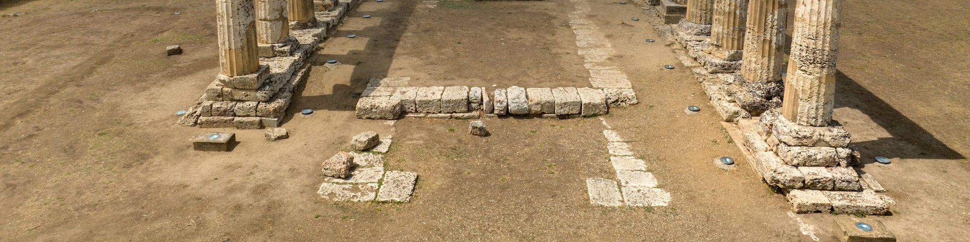 Aerial view of the Tavole Palatine ("Palatine Tables") located in Metaponto, Basilicata, Italy. They are the remains of a hexastyle peripteral Greek temple of Magna Graecia.