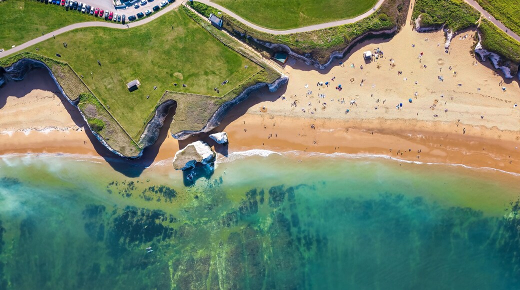 Aerial overhead view of the beautiful beach of Botany Bay, Kent, England, with white chalk rocks in the sea