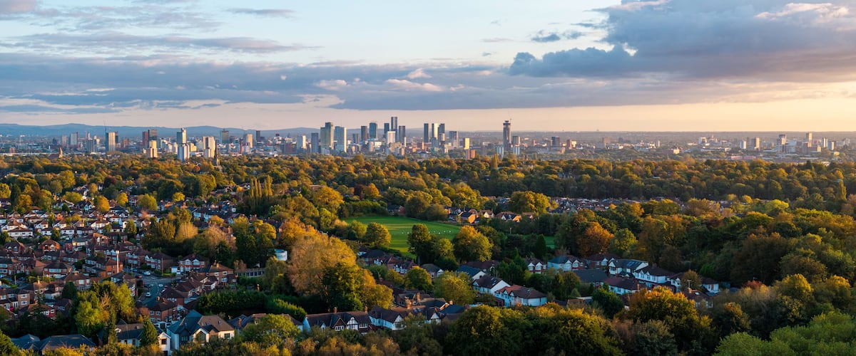 Manchester skyline panorama from Heaton Park, Prestwich.