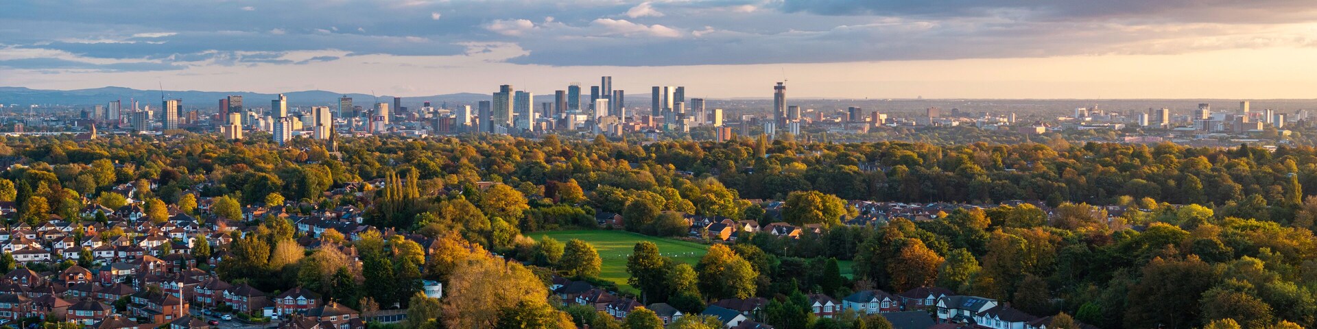 Manchester skyline panorama from Heaton Park, Prestwich.