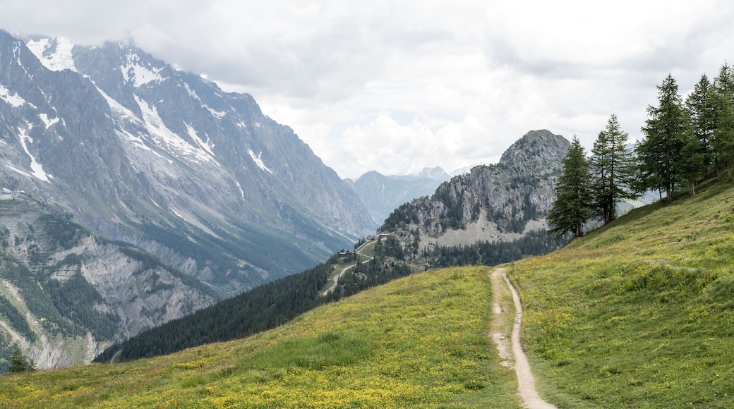 Trekking trail of the Tour du Mont Blanc trail (TMB) at Col Checrouit wit ha view on the South side of the Mont Blanc massif in summertime
