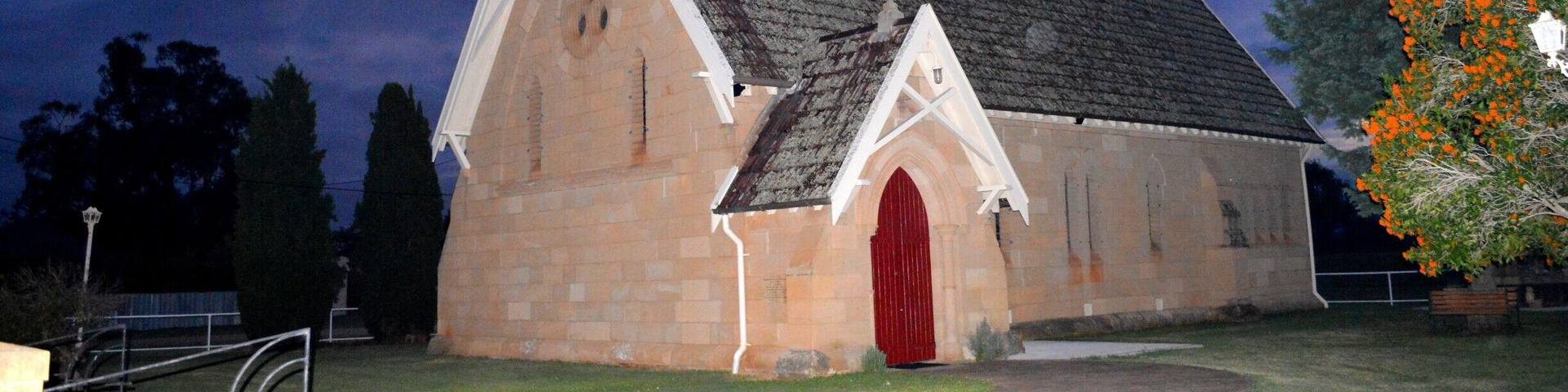 St Matthias - An Anglican Church located in Denman in the northern Hunter Valley region. As dawn was breaking (6.30am), we stumbled by this beautiful church which was lit by the full moon.