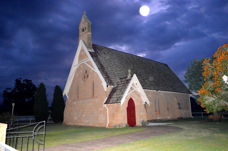 St Matthias - An Anglican Church located in Denman in the northern Hunter Valley region. As dawn was breaking (6.30am), we stumbled by this beautiful church which was lit by the full moon.