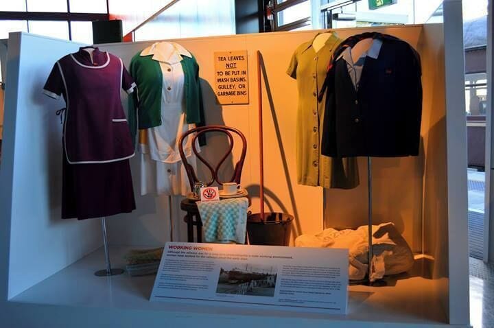 Love the tea leaves sign.

Found at the Trainwork Museum.  Ladies dress for service on the trains over the years.