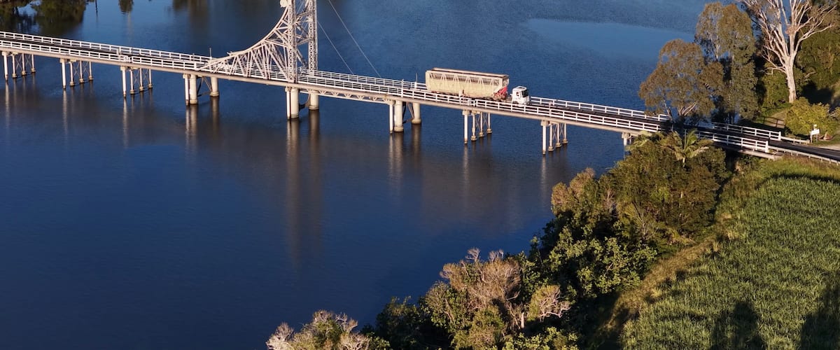 Aerial View of a Semi-Trailer Crossing Maclean Bridge in New South Wales