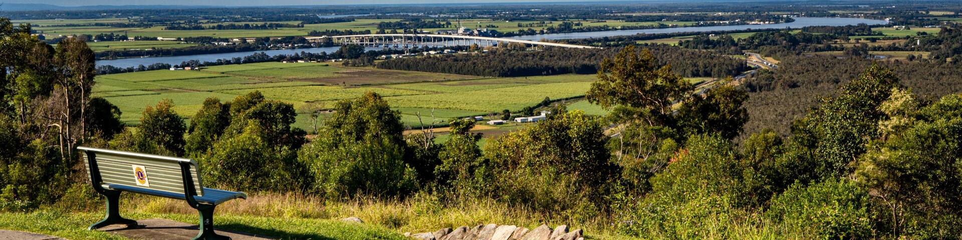 The view of the countryside New South Wales and Harwood Bridge from the Maclean Lookout
