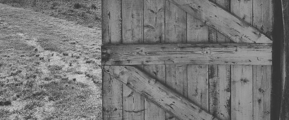 A rustic wooden gate with diagonal planks, set against a backdrop of a cloudy sky and a field.