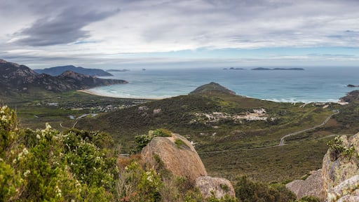 Looking out from the summit of Mount Bishop across the landscape and coastline around Tidal River in Wilsons Promontory national park, Victoria, Australia
