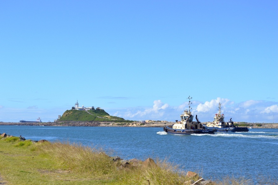 The tugs heading out to bring the large containers ships into Newcastle's Harbour.  A very busy port.  In the backdrop is Nobby's headland with the lighthouse poking out the top.
Please head over to my blog to read more about a day trip to Stockton.