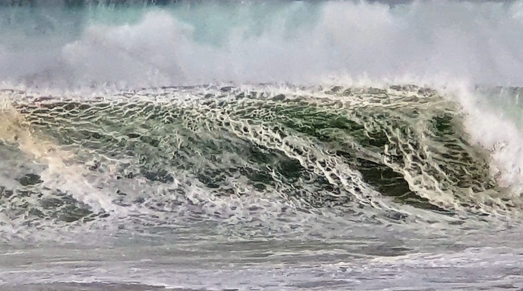 Stockton Beach gets seriously big when storm surf rolls in, making for some spectacular scenes. This was taken in June 2019 when a southerly push the swell up. Going out is impossible here, even bulk freighters have run aground under these conditions.